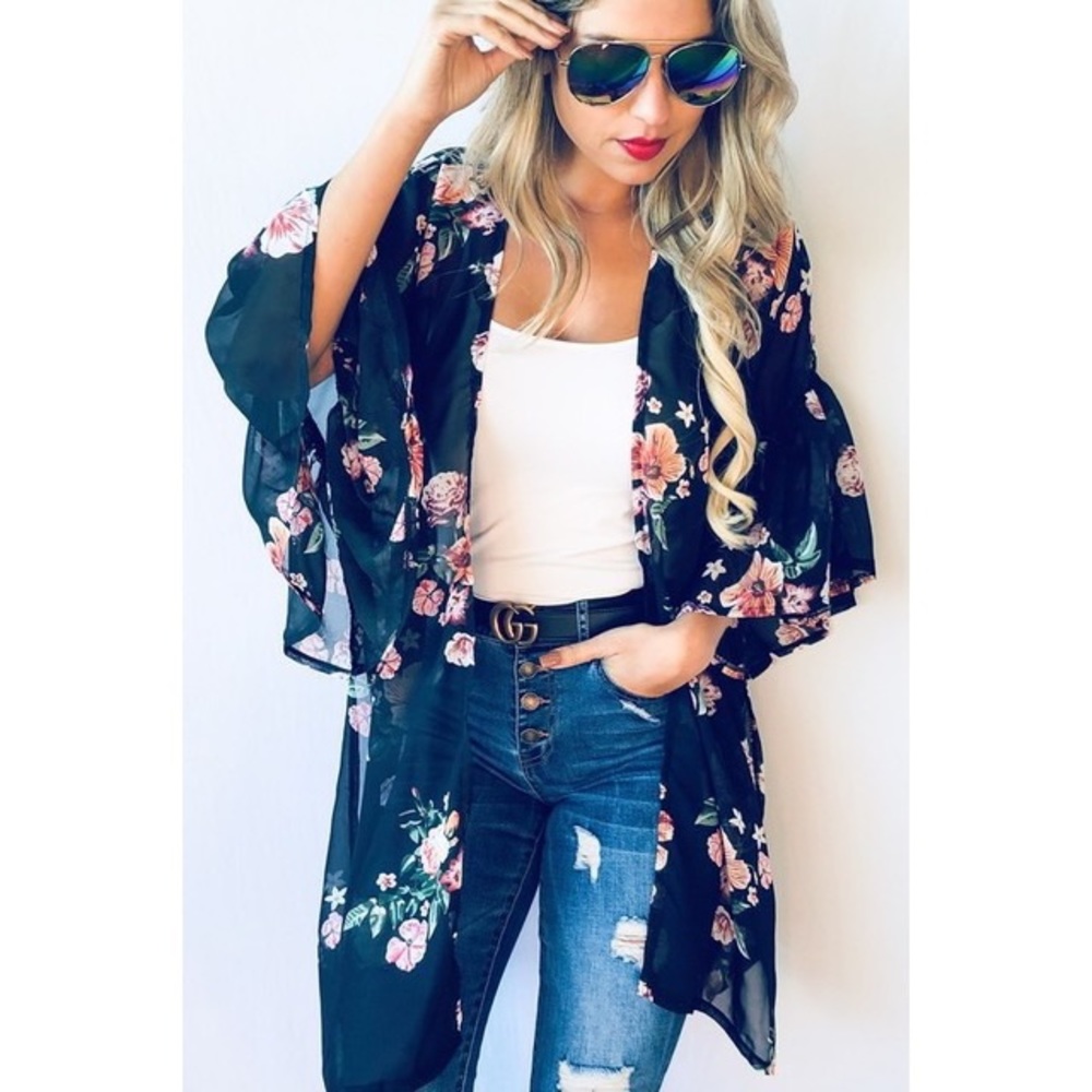 Last 1 New Floral Kimono Cardigan w/Ruffled Sleeve - Picture 1 of 7